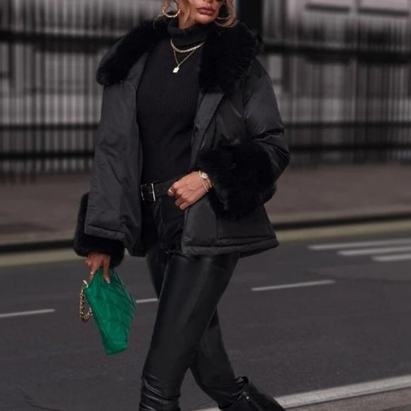 Faux fur Collar Belted Puffer Coat jacket contemporary minimalist - Picture 2 of 6